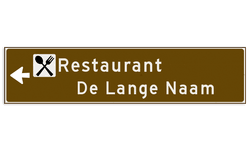 Verwijsbord toeristisch (bruin) - met 1 pictogram, 2 regels tekst en pijl