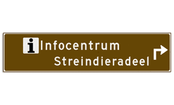 Verwijsbord toeristisch (bruin) - met 1 pictogram, 2 regels tekst en pijl