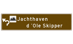 Verwijsbord toeristisch (bruin) - met 1 pictogram, 2 regels tekst en pijl
