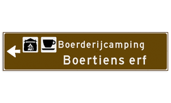 Verwijsbord toeristisch (bruin) - met 2 pictogrammen, 2 regels tekst en pijl