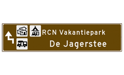 Verwijsbord toeristisch (bruin) - met 3 pictogrammen, 2 regels tekst en pijl