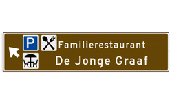 Verwijsbord toeristisch (bruin) - met 3 pictogrammen, 2 regels tekst en pijl