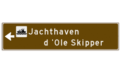 Verwijsbord toeristisch (bruin) - met 1 pictogram, 2 regels tekst en pijl