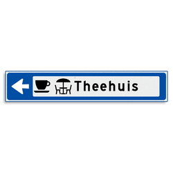 Verwijsbord KOKER Blauw/wit/zwart - pijl links, met 2 pictogrammen - Klasse 3 reflecterend