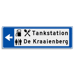 Verwijsbord KOKER Blauw/wit/zwart - pijl links, 2 regelig met 3 pictogrammen - Klasse 3 reflecterend