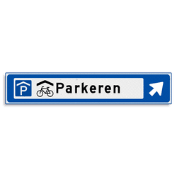Verwijsbord KOKER Blauw/wit/zwart - pijl rechts, met 2 pictogrammen - Klasse 3 reflecterend