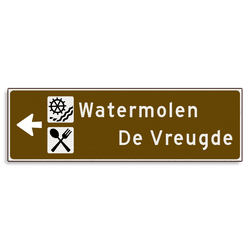 Verwijsbord KOKER Bruin/wit/zwart - pijl links, 2 regelig met 2 pictogrammen - Klasse 3 reflecterend