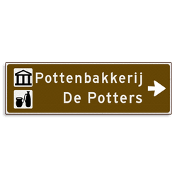 Verwijsbord KOKER Bruin/wit/zwart - pijl rechts, 2 regelig met 2 pictogrammen - Klasse 3 reflecterend