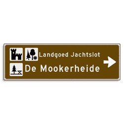 Verwijsbord KOKER Bruin/wit/zwart - pijl rechts, 2 regelig met 3 pictogrammen - Klasse 3 reflecterend