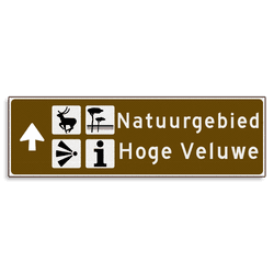 Verwijsbord KOKER Bruin/wit/zwart - pijl links, 2 regelig met 4 pictogrammen - Klasse 3 reflecterend
