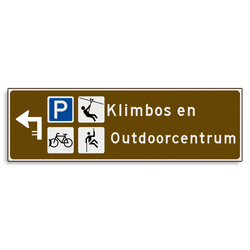 Verwijsbord KOKER Bruin/wit/zwart - pijl links, 2 regelig met 4 pictogrammen - Klasse 3 reflecterend