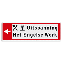 Verwijsbord KOKER Rood/wit/zwart - pijl links, 2 regelig met 2 pictogrammen - Klasse 3 reflecterend