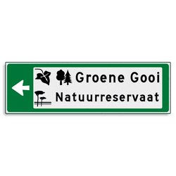 Verwijsbord KOKER Groen/wit/zwart - pijl links, 2 regelig met 3 pictogrammen - Klasse 3 reflecterend