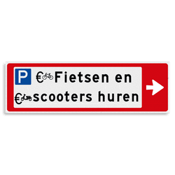 Verwijsbord KOKER Rood/wit/zwart - pijl rechts, 2 regelig met 3 pictogrammen - Klasse 3 reflecterend