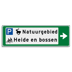 Verwijsbord KOKER Groen/wit/zwart - pijl rechts, 2 regelig met 3 pictogrammen - Klasse 3 reflecterend