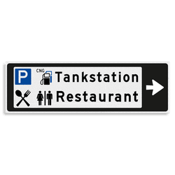 Verwijsbord KOKER Zwart/wit/zwart - pijl rechts, 2 regelig met 4 pictogrammen - Klasse 3 reflecterend