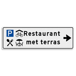 Verwijsbord KOKER Wit/zwart - pijl rechts, 2 regelig met 4 pictogrammen - Klasse 3 reflecterend