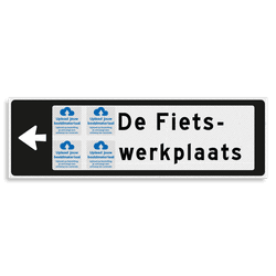 Verwijsbord KOKER Zwart/wit/zwart - pijl links, 2 regelig met 4 pictogrammen - Klasse 3 reflecterend