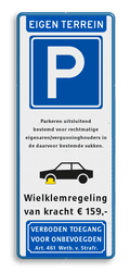 Parkeerbord eigen terrein voor vergunninghouders, tekstvlak en wielklemregeling