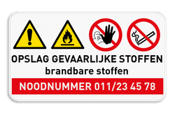 Veiligheidsbord opslag gevaarlijke stoffen + noodnummer