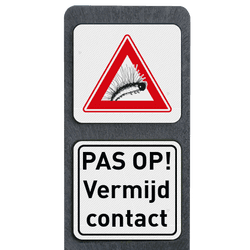 Verzwaarde bermpaal met twee borden waarschuwing rups