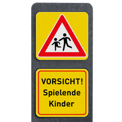 Pfosten aus Recyclingkunststoff mit 2 reflektierender Schilder - VORSICHT! Spielende Kinder