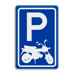 Rechthoekig parkeerbord met P en eigen pictogram brommer
