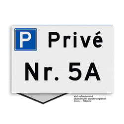 Vlak parkeerplaatsbord 300x200mm Privé met huisnummer