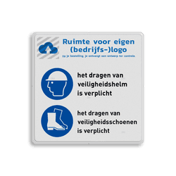 Veiligheidsbord met veiligheidsinstructies | Veiligheidshelm en schoenen zijn verplicht