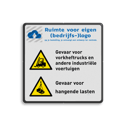 Waarschuwingsbord Gevaar voor heftrucks en hangende lasten - met (bedrijfs-)logo