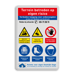 Veiligheidsbord voor terrein met logo en 6 pictogrammen