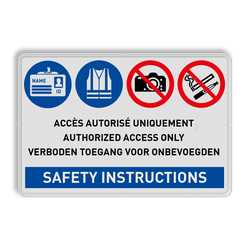 Veiligheidsbord 3 talig met 4 pictogrammen, eigen tekst en SAFETY INSTRUCTIONS