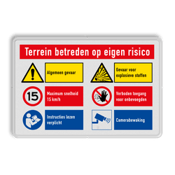 Veiligheidsbord voor eigen terrein met 6 pictogrammen
