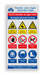 Veiligheidsbord met logo, veiligheidsinstructies en 9 pictogrammen