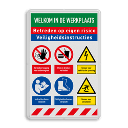 Veiligheidsbord voor werkplaats met veiligheidsinstructies en 6 pictogrammen