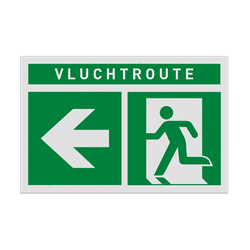 Vluchtroute BHV bord met tekst en pijl links