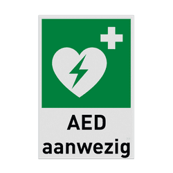 BHV Reddingsbord met symbool en tekst AED aanwezig
