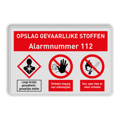 Veiligheidsbord voor opslag gevaarlijke stoffen met alarmnummer en 3 pictogrammen