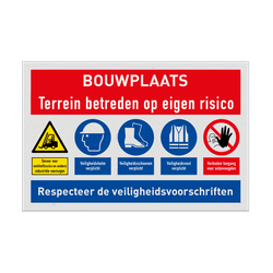 Bouwplaatsbord met diverse PBM veiligheidsinstructies
