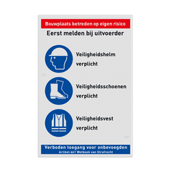 Bouwplaatsbord met PBM veiligheidsinstructies en pictogrammen