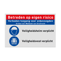 Bouwplaatsbord met 2 PBM pictogrammen, Veiligheidshelm en vest verplicht