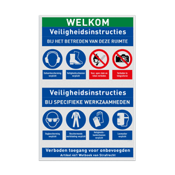 Veiligheidsbord voor werkplaats met PBM veiligheidsinstructies en 8 pictogrammen