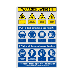 Veiligheidsbord voor werkplaats met PBM veiligheidsinstructies en 12 pictogrammen