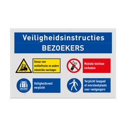 Veiligheidsbord voor bezoekers met 4 veiligheidsinstructies