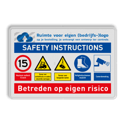 Veiligheidsbord met SAFETY INSTRUCTIONS en bedrijfslogo