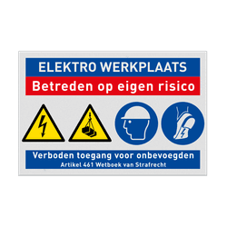 Veiligheidsbord voor elektro werkplaats met 4 pictogrammen