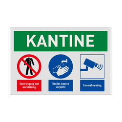 Veiligheidsbord voor kantine met pictogram werkkleding verboden, handen wassen verplicht