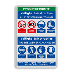 Veiligheidsbord voor productieafdeling met veiligheidsinstructies en 8 PBM pictogrammen