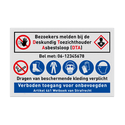 Bouwplaatsbord Asbestsloop, Bezoekers melden bij DTA met PBM pictogrammen