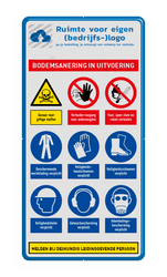 Veiligheidsbord voor bodemsanering in uitvoering met 9 PBM pictogrammen
